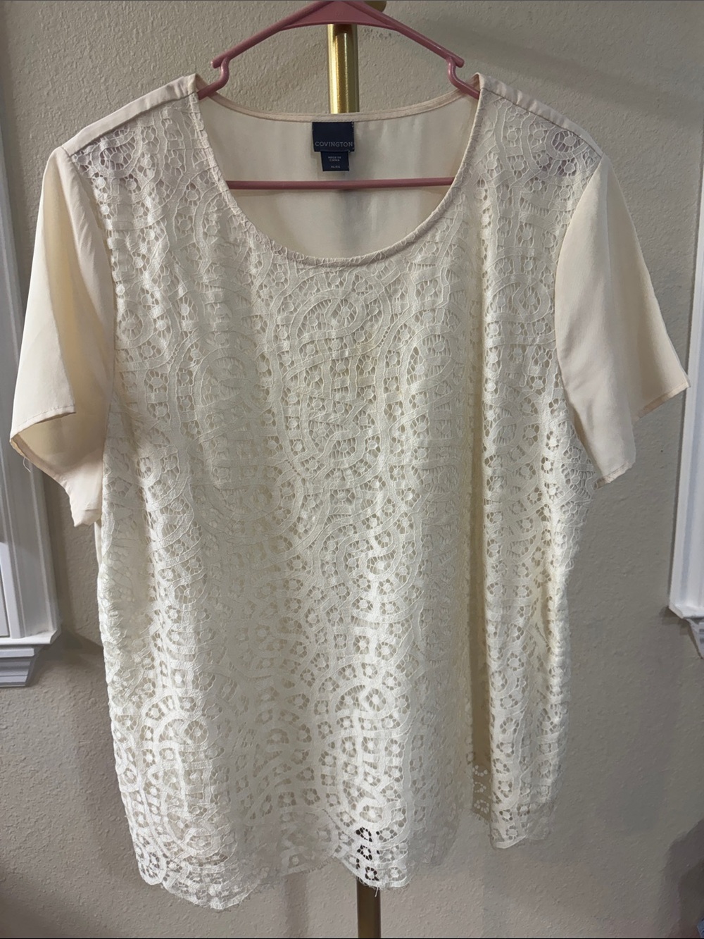 Covington Cream Lace Overlay Short Sleeve Blouse